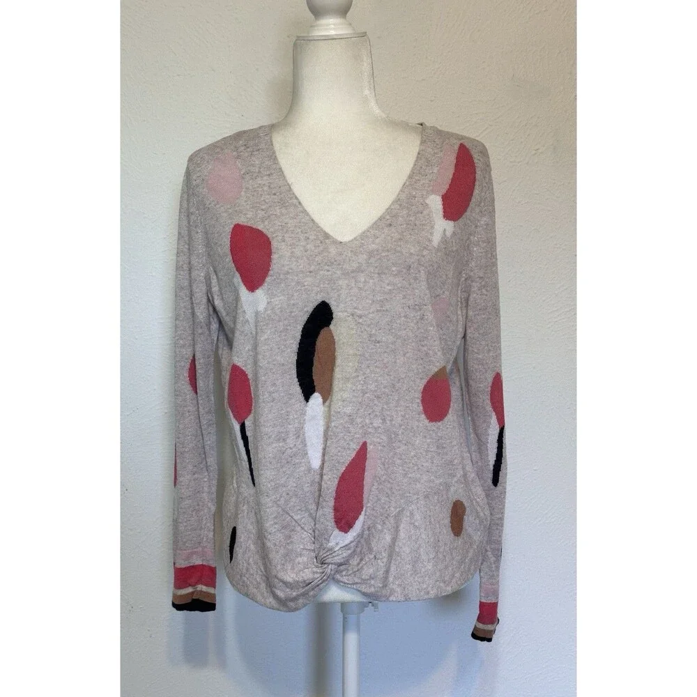 Nic+Zoe Women Size M Rose Garden Linen Blend Front Twist Knot Sweater Timeless